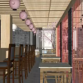 Japanese Restaurant Interior With Cherry Blossom Tree Wooden Tables Chairs And Lantern