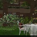 Outdoor Garden Landscape With Green Lawn White Dining Table Chairs And Lush Plants