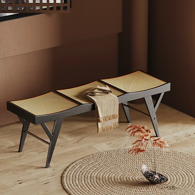 Woven Seat Dark Leg Bench With Linen Cloth On Wooden Floor And Round Woven Rug 3d model