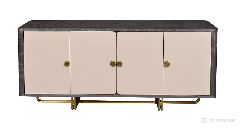 Modern Sideboard With White Cabinet Doors Gold Handles Dark Top And Gold Metal Legs 3d model 