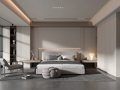 Modern Minimalist Bedroom Interior Design With Neutral Tones Bedside Lighting And Accent Chair 3d model