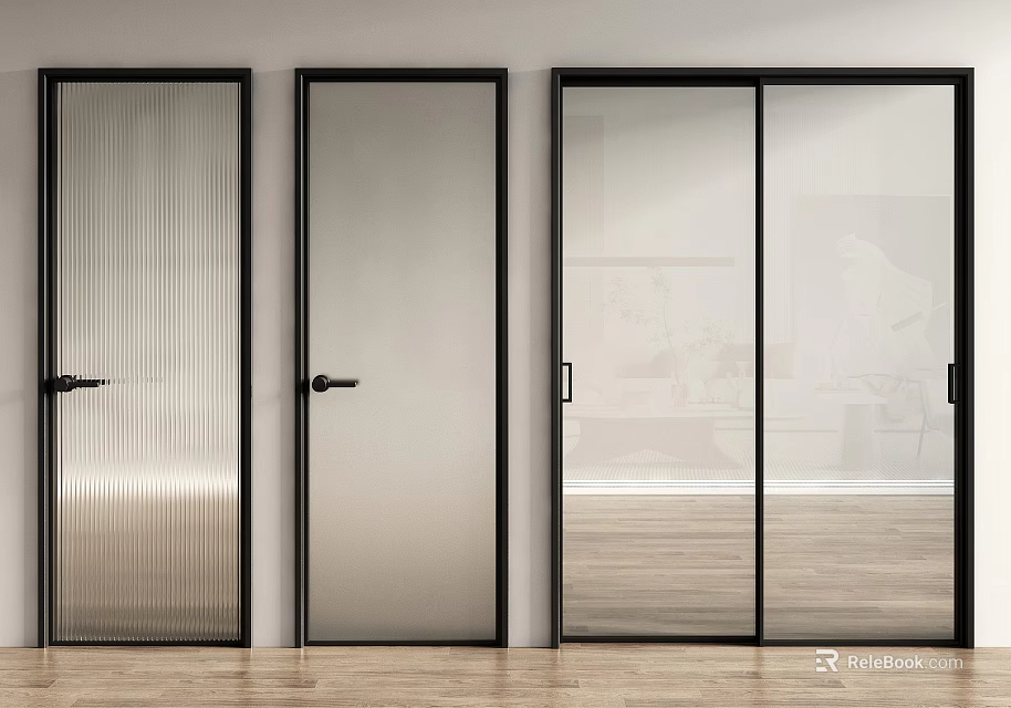 Different Style Glass Doors With Black Frames And Wooden Floor Background 3d model