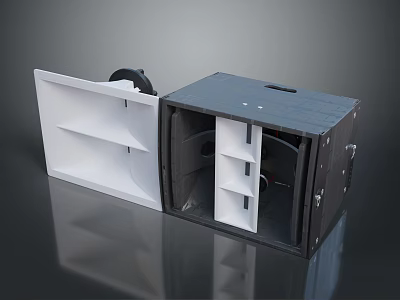 Open Black Storage Container With White Internal Shelves And Wheels 3d model