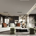 Modern Living Dining Room Interior Design With White Sofa Green Stools Rug And TV Wall