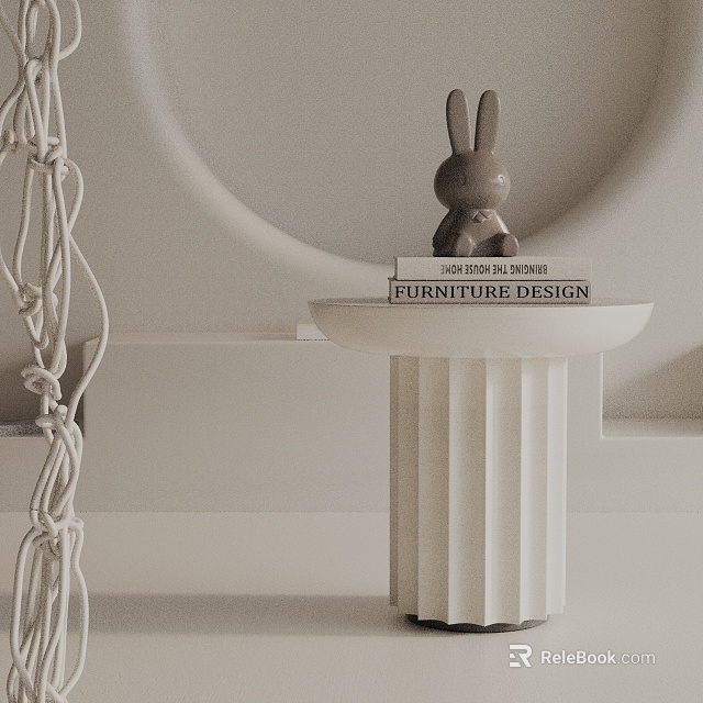 White Column Style Side Table With Gray Rabbit Decoration Furniture Design Books And Circular Elements 3d model 