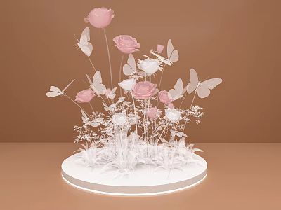 Elegant Floral Display With Pink Roses White Flowers And Butterflies On White Circular Base 3d model