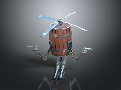 Futuristic Space Aerial Vehicle With Wooden Barrel Body Propellers And Mechanical Legs 3d model