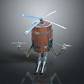 Futuristic Space Aerial Vehicle With Wooden Barrel Body Propellers And Mechanical Legs