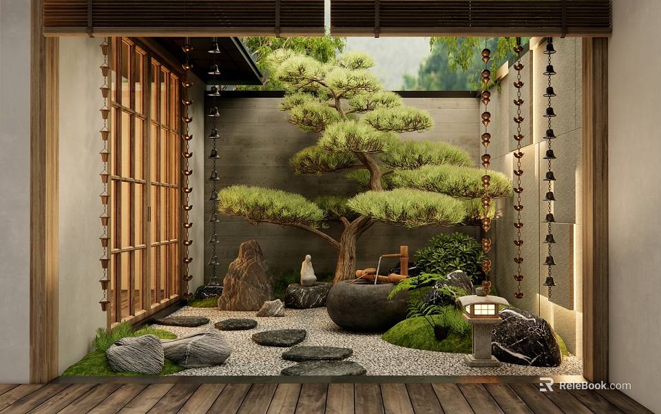 Tranquil Zen Courtyard Garden With Styled Pine Tree Stone Pathway Wooden Flooring And Stone Lantern 3d model 