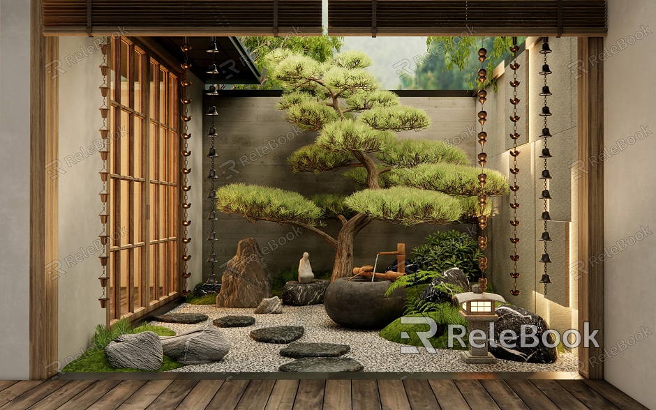 New Chinese Zen Courtyard Garden Home Yard Ting Step Rain Chain Stone Pok Pine Landscape Sick model