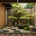 Tranquil Zen Courtyard Garden With Styled Pine Tree Stone Pathway Wooden Flooring And Stone Lantern