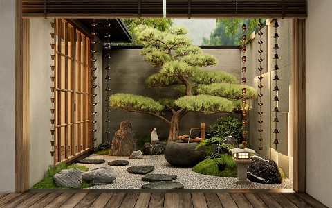 New Chinese Zen Courtyard Garden Home Yard Ting Step Rain Chain Stone Pok Pine Landscape Sick 3d model