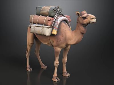 Camel With Loaded Supplies And Packages On Its Back In Desert Setting 3d model