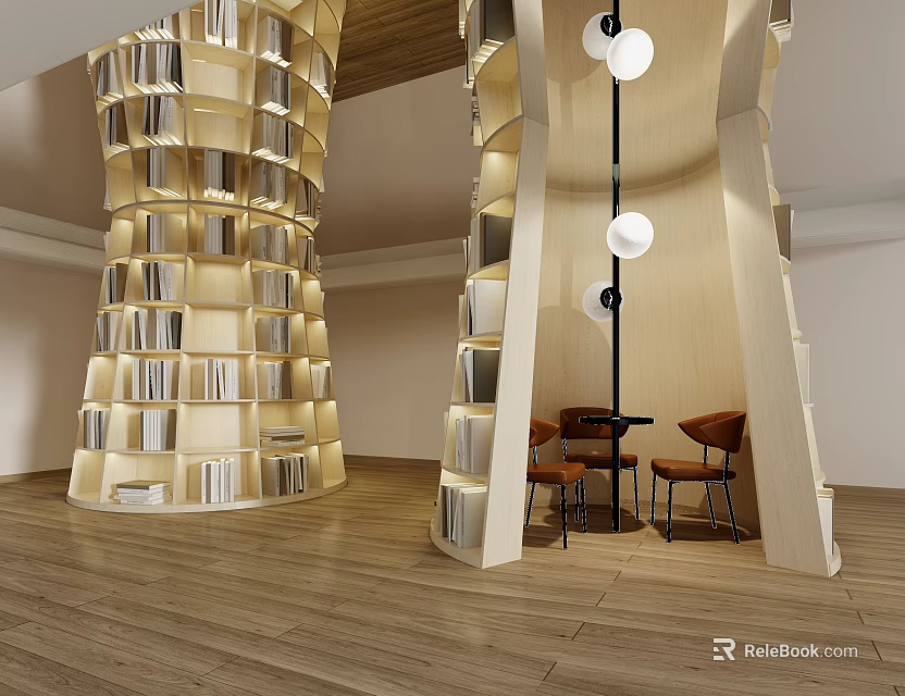 Book Art Interior Design With Spiral Bookshelves Wooden Lighting Reading Tables And Chairs 3d model 