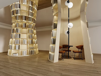 Book Art Interior Design With Spiral Bookshelves Wooden Lighting Reading Tables And Chairs 3d model
