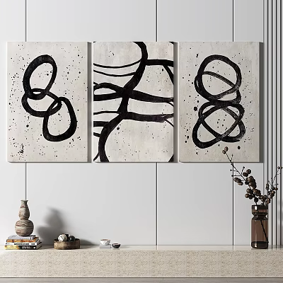 Abstract Triptych Paintings With Black Swirl Lines And Abstract Shapes On Light Background 3d model