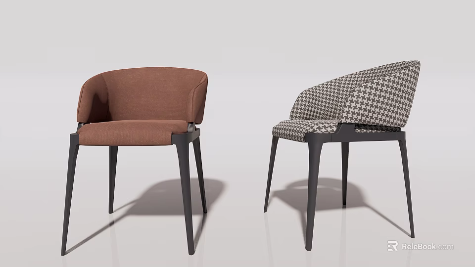 Modern Upholstered Dining Chairs With Brown And Houndstooth Pattern Curved Backrest Black Legs 3d model