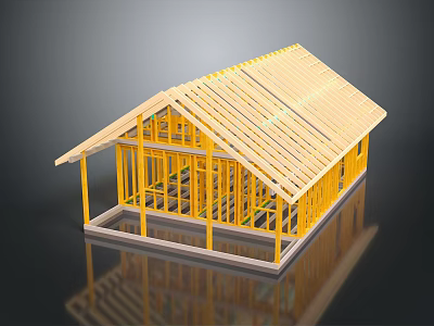 Wooden House Frame Structure With Yellow Wooden Roof Beams Under Construction Exposed Framing 3d model