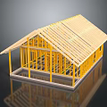Wooden House Frame Structure With Yellow Wooden Roof Beams Under Construction Exposed Framing