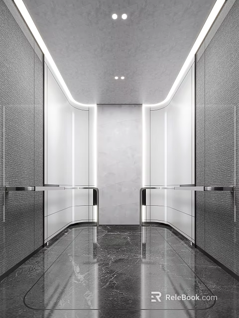 Modern Elevator Interior Design With Marble Walls And Stainless Steel Handrails 3d model 