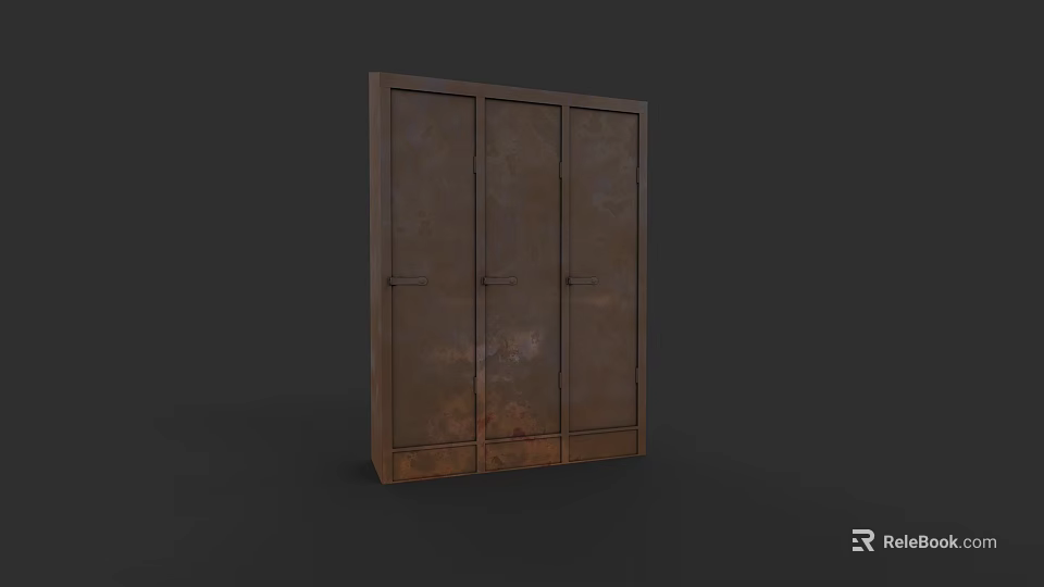 Rustic Brown Storage Cabinet With Three Doors And Vintage Metal Finish 3d model 