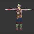 3D Warrior Character With Red White Face Paint Gray Brown Outfit And Arms Outstretched Pose