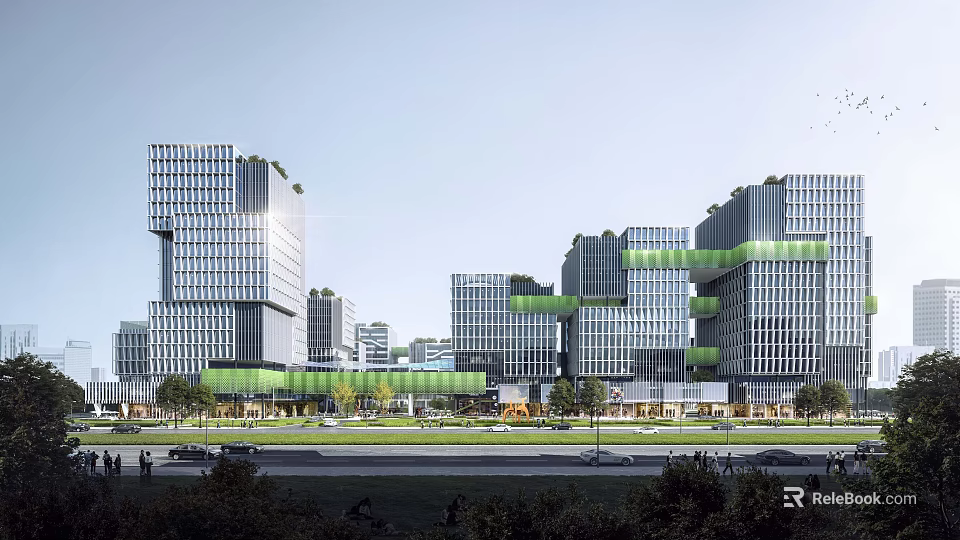 Modern High Rise Office Buildings With Green Glass Curtain Walls And Connecting Bridges 3d model 