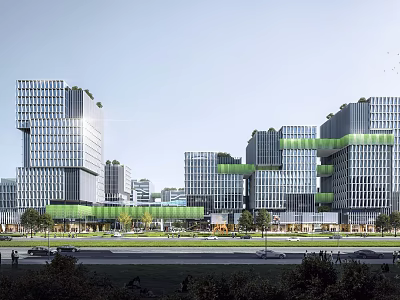 Modern High Rise Office Buildings With Green Glass Curtain Walls And Connecting Bridges 3d model