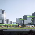 Modern High Rise Office Buildings With Green Glass Curtain Walls And Connecting Bridges