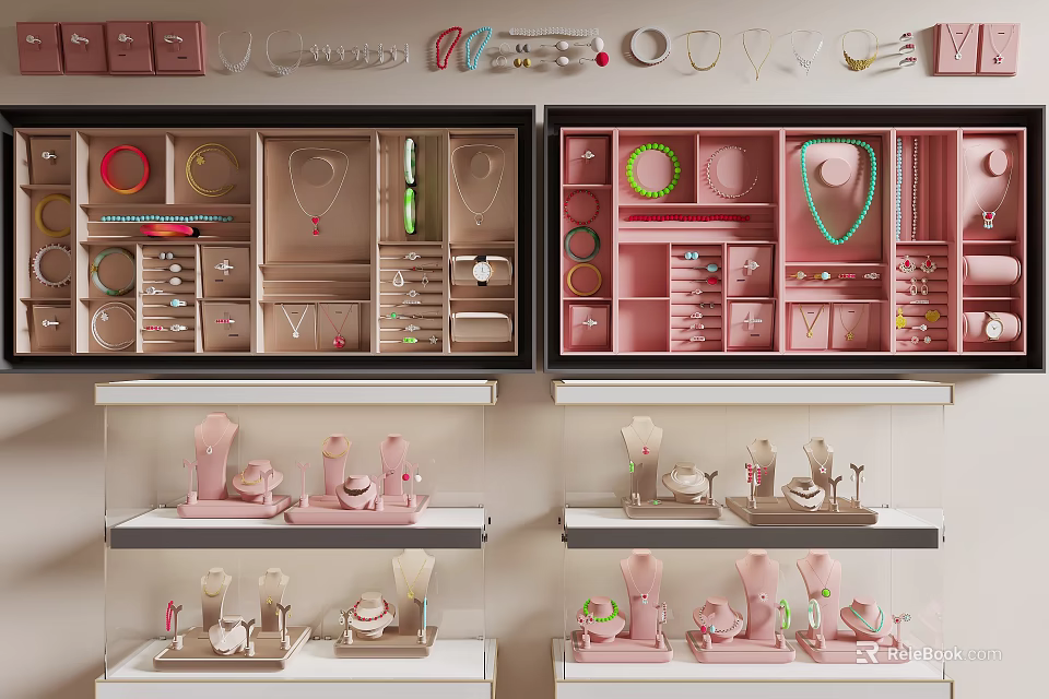 Stylish Jewelry Accessories Display in Pink Showcase with Layered Shelves and Organized Arrangement 3d model 