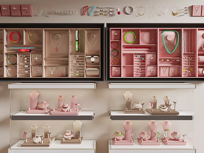 Stylish Jewelry Accessories Display in Pink Showcase with Layered Shelves and Organized Arrangement 3d model