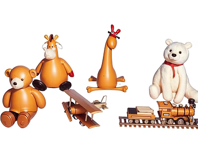 Plush Stuffed Animal Toys With Toy Train And Plane Kids Play Set 3d model