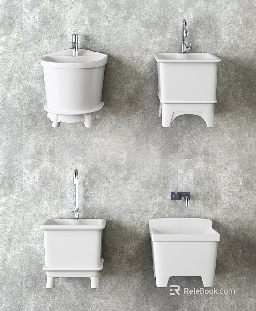 White Wall Mounted Washing Basins With Faucets On Grey Textured Wall For Daily Use 3d model 