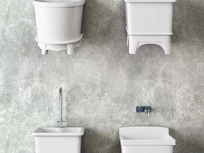 White Wall Mounted Washing Basins With Faucets On Grey Textured Wall For Daily Use 3d model