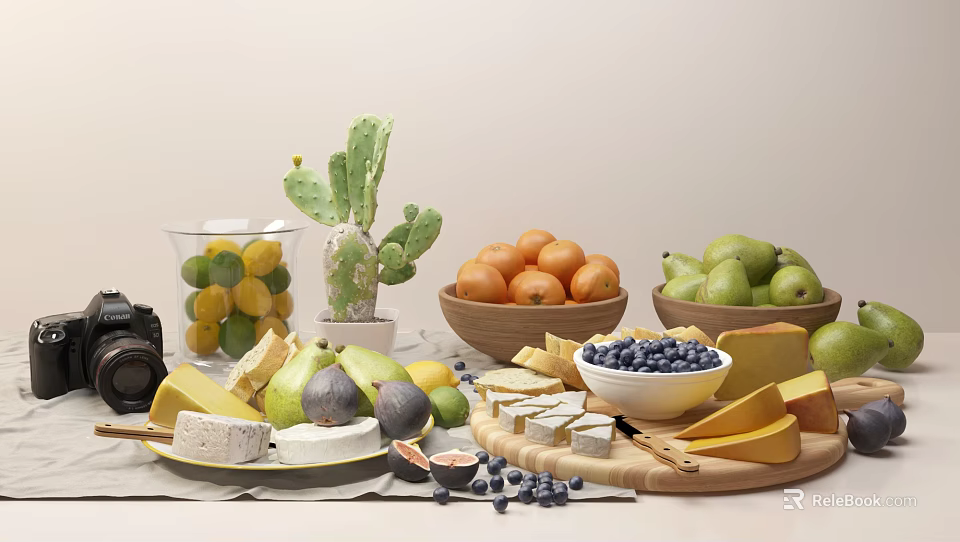 Fresh Assorted Fruits And Cheeses With Lemons Limes Oranges Pears Blueberries Figs On Wooden Board 3d model 