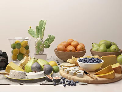 Fresh Assorted Fruits And Cheeses With Lemons Limes Oranges Pears Blueberries Figs On Wooden Board 3d model