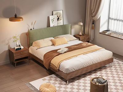 Double Bed With Green Padded Headboard Beige Brown Bedding Bedside Tables And Wall Art 3d model