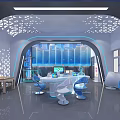 Futuristic High Tech Interior With Blue Lighting Geometric Ceiling And Control Desk