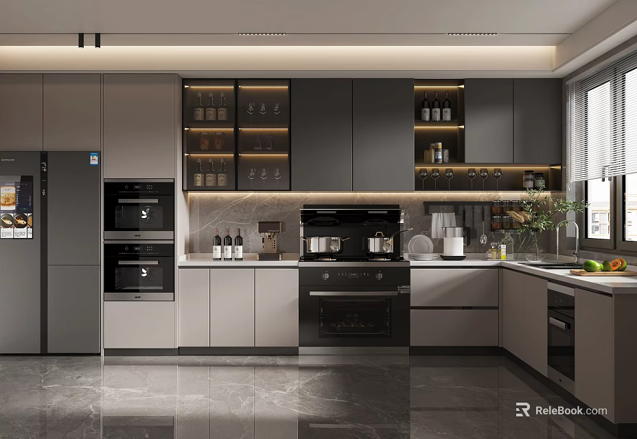 Modern Kitchen Interior Design With Gray Cabinets Glass Door Upper Cabinets And Stainless Steel Appliances 3d model 