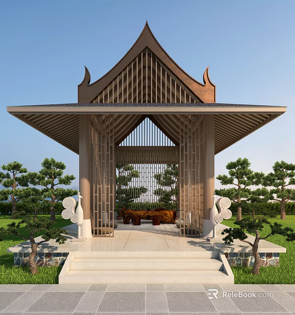 Traditional Wooden Pavilion With Pointed Roof And Crane Sculptures In Garden Landscape 3d model 