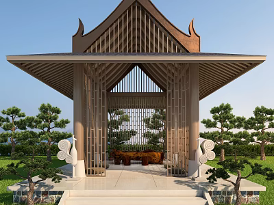 Traditional Wooden Pavilion With Pointed Roof And Crane Sculptures In Garden Landscape 3d model