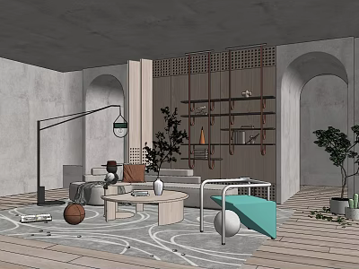 Modern Sofa Coffee Table Set In Living Room With Green Plants Shelves And Floor Lamp 3d model