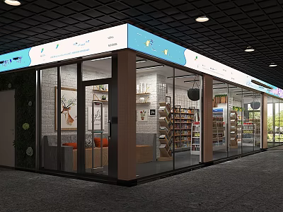 Modern Mall Shop With Glass Facade Display Shelves And Cozy Seating Area 3d model