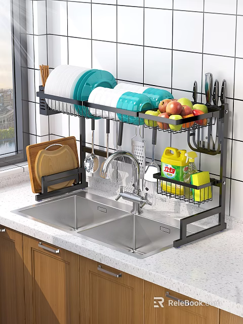 Modern Kitchen Sink Area With Wall Mounted Rack Storage And Wooden Cabinets 3d model 