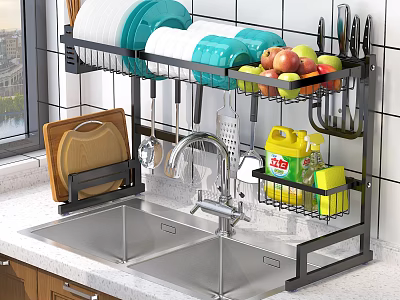 Modern Kitchen Sink Area With Wall Mounted Rack Storage And Wooden Cabinets 3d model
