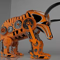 Orange Mechanical Bull Sculpture With Gears Glowing Parts And Black Horns