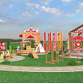 Summer Carnival Park With Colorful Structures Curved Paths And Green Lawns