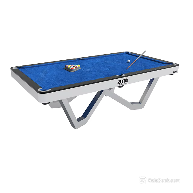 Stylish Blue Felt Pool Table With White Frame Billiard Balls And Cue Stick 3d model 