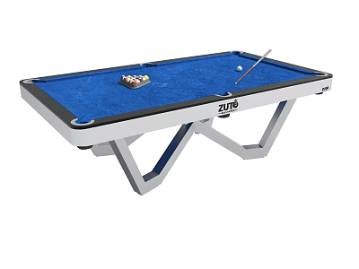 Stylish Blue Felt Pool Table With White Frame Billiard Balls And Cue Stick 3d model