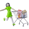 Game And Movie Character In Green Dress Pushing Shopping Cart Filled With Gift Boxes